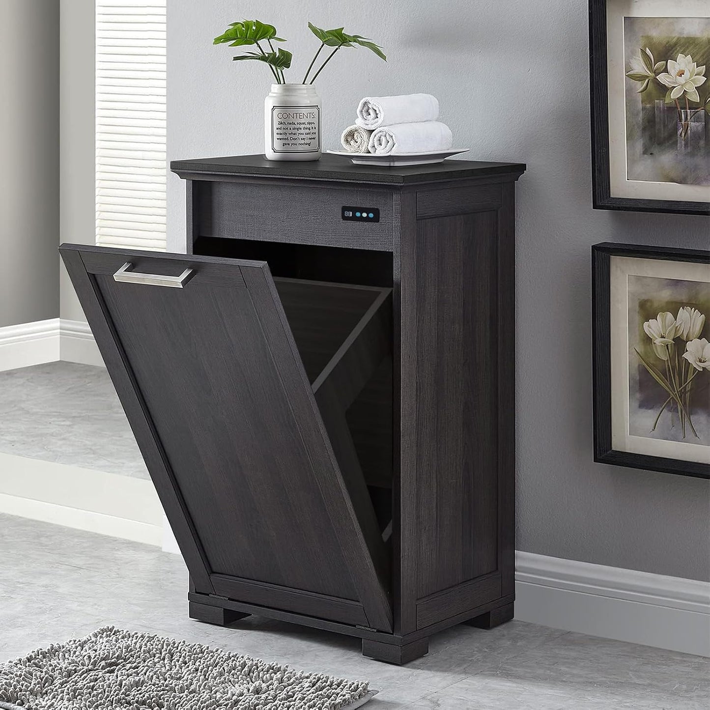 OLD CAPTAIN Wooden Tilt Out Trash Cabinet, Hidden Trash Can Kitchen Holds 10 Gallons (Dark Brown+Black Top Panel)
