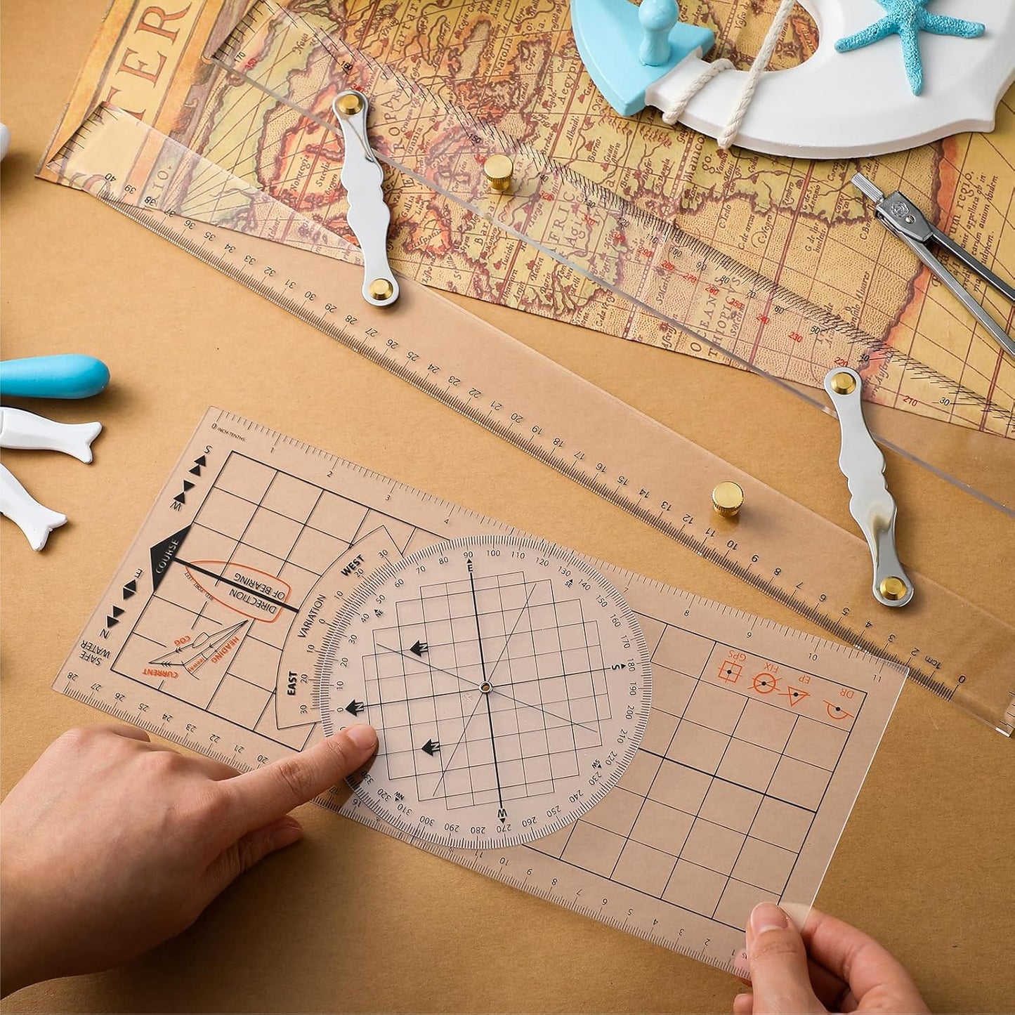 3 Pcs Basic Navigation Set, Include 16 Inch Marine Parallel Ruler with Clear Scales Navigation Divider Marine Nautical Protractor 6 Inch Marine Fixed Points Divider for Boat