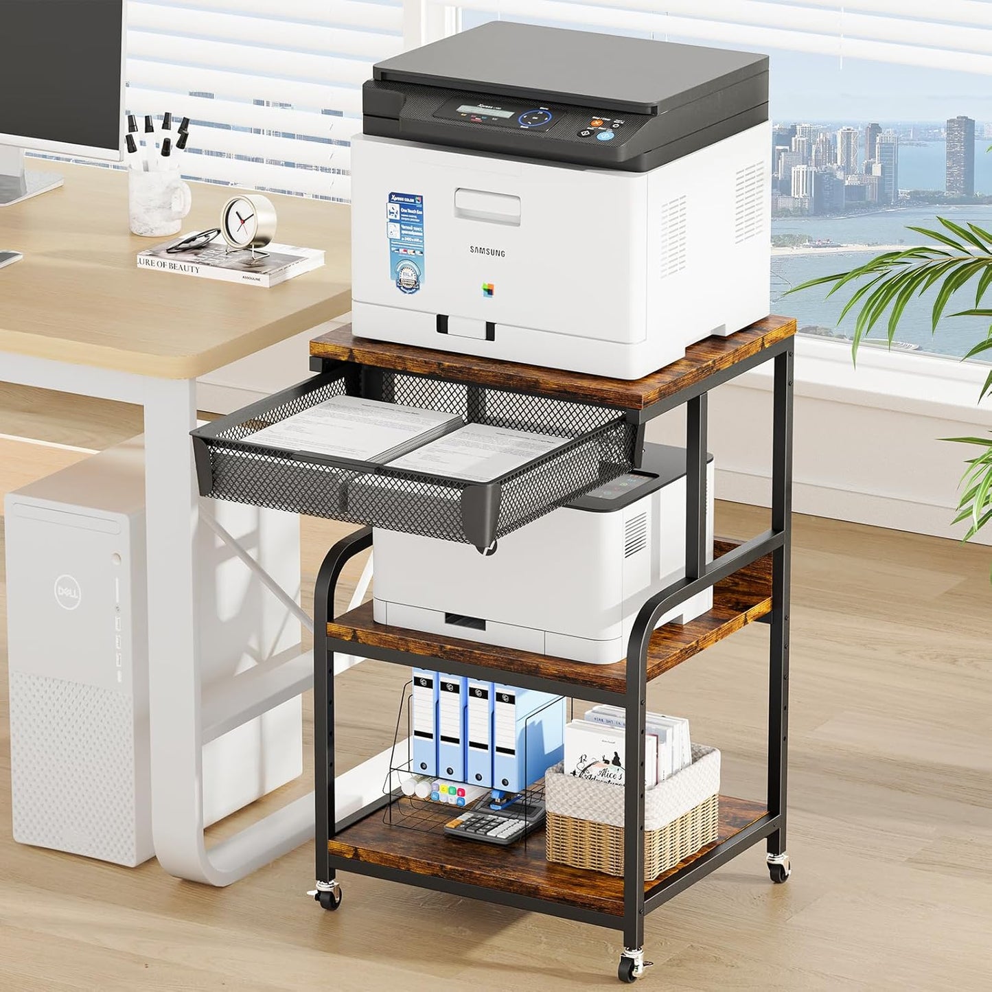 EasyCom Large Printer Stand with Storage Drawer, 5 Adjustable Shelf & 3-Tier Rolling Cart with Industrial Wheels for Desk, Mobile Printer Table for Home Office Fits 3D Printer Scanner Fax Rustic Brown