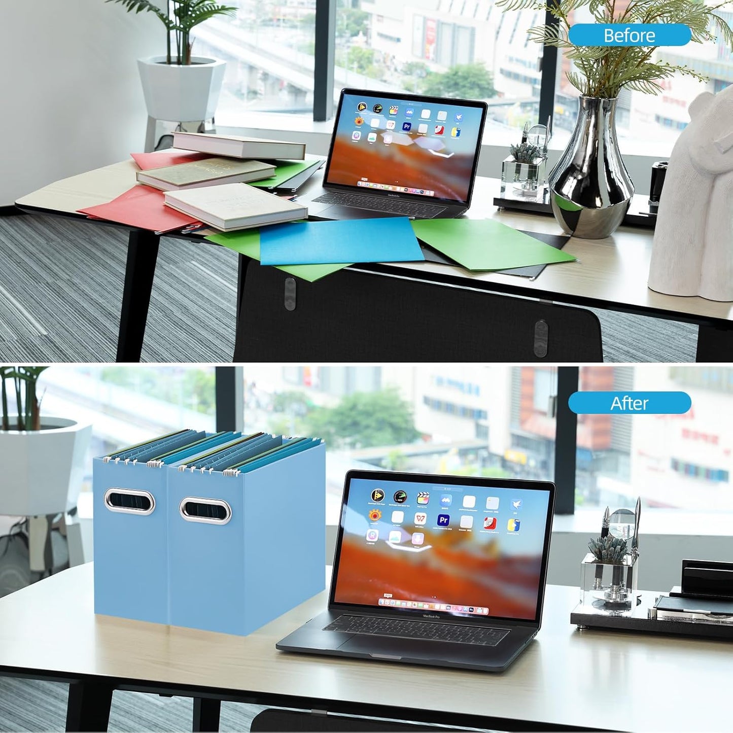 Oterri File Organizer, 4 Packs Small Storage Box, Cardboard File Folder Organizer, Collapsible File Box for Hanging File Folders Letter Size, Portable Filing Organizer with Handle (Blue)