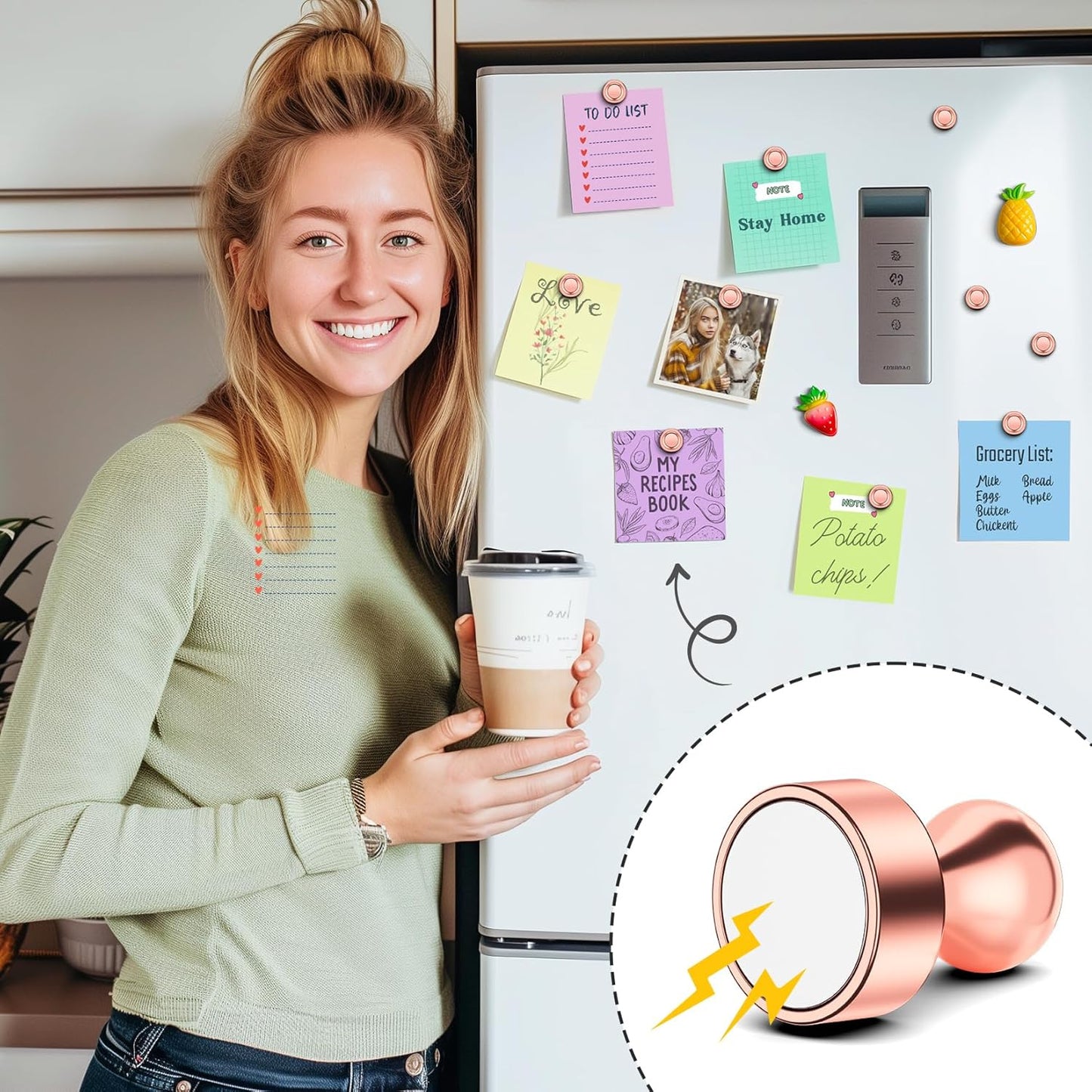 FINDMAG 14Pcs Fridge Magnets, Small and Strong Whiteboard Magnets, Rose Gold Push Pins for Dry Erase Board, Office, Bulletin Board, Classroom