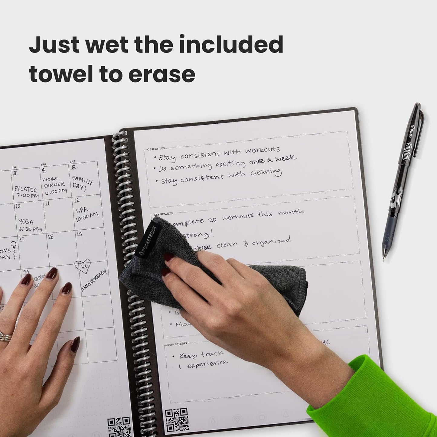 Rocketbook Fusion Smart Wiederverwendbares Notizbuch, To-Do-Listen & Notizvorlagen-Seiten | 1 Pilot Frixion Stift & 1 Mikrofasertuch, Executive - Rot