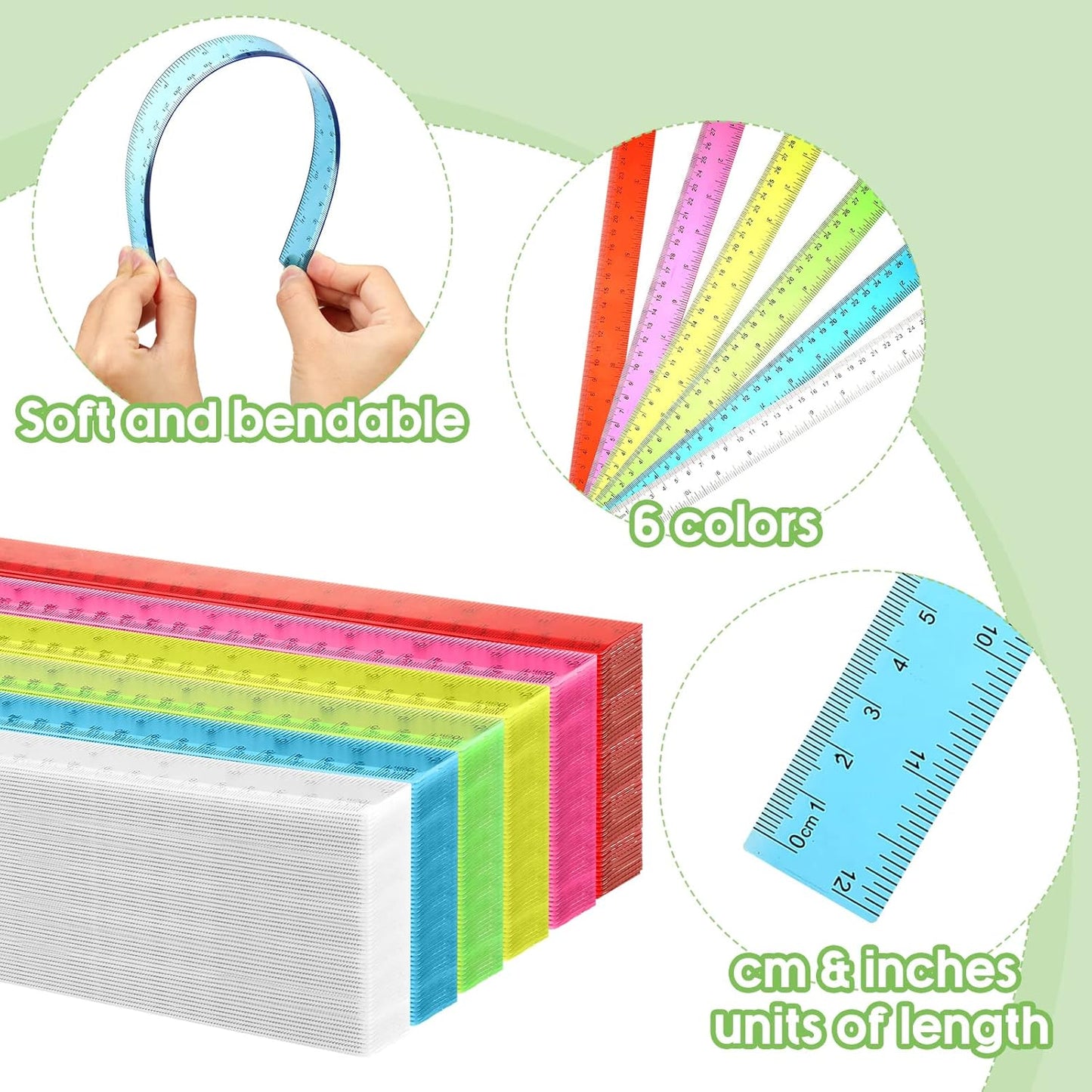 Fumete 600 Pack 12 Inch Plastic Rulers Bulk for Classroom Back to School Supplies Flexible Transparent Assorted Color Ruler with Centimeters and Inches for Office Teacher Student