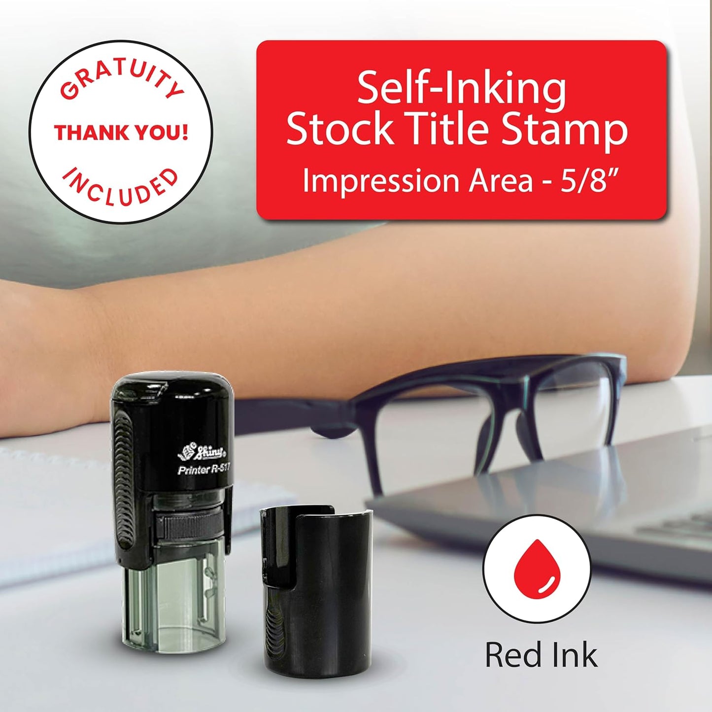 Shiny Gratuity Included Stamp, Round Self Inking Stamp for Restaurant, Bar and Retail, Red Ink