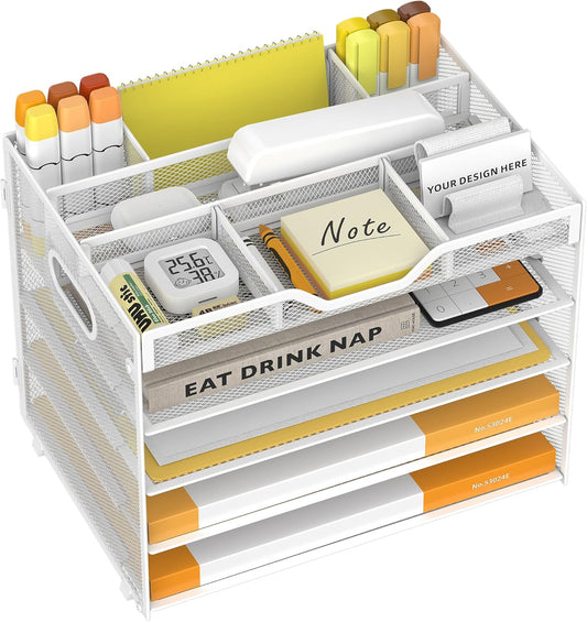 5 Tier Paper Letter Tray with 3 Drop-in Pen Holders, Mesh Desk File Organizer with Handle, Desk Organizers and Accessories for School,Home, Office Supplies Storage-White