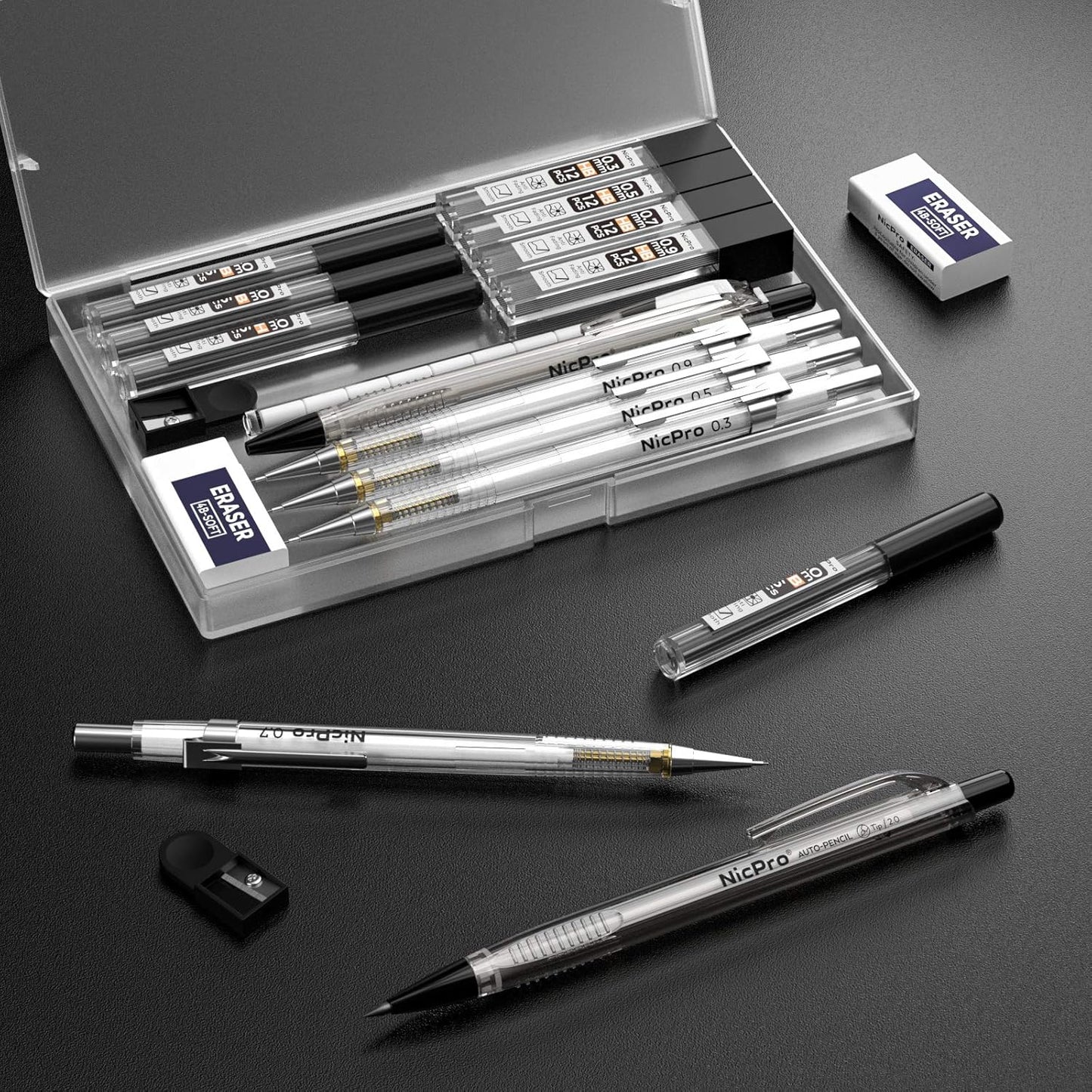 Nicpro 6PCS Art Mechanical Pencil Set, 4PCS Drafting Pencils 0.3 & 0.5 & 0.7 & 0.9 mm & 2PCS 2mm Lead Holder (4B 2B HB 2H) For Writing, Sketching Drawing With 12 Tube Lead Refills Erasers Case