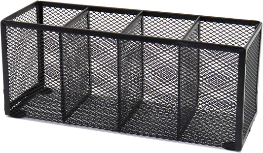 Black Mesh Pen Holder, Metal Desk Organizer Desktop Stationery Office Supplies Acessories Storage Stand, 4 Compartments Pencil Organizer Brushes Holder for Home School Classroom Teachers