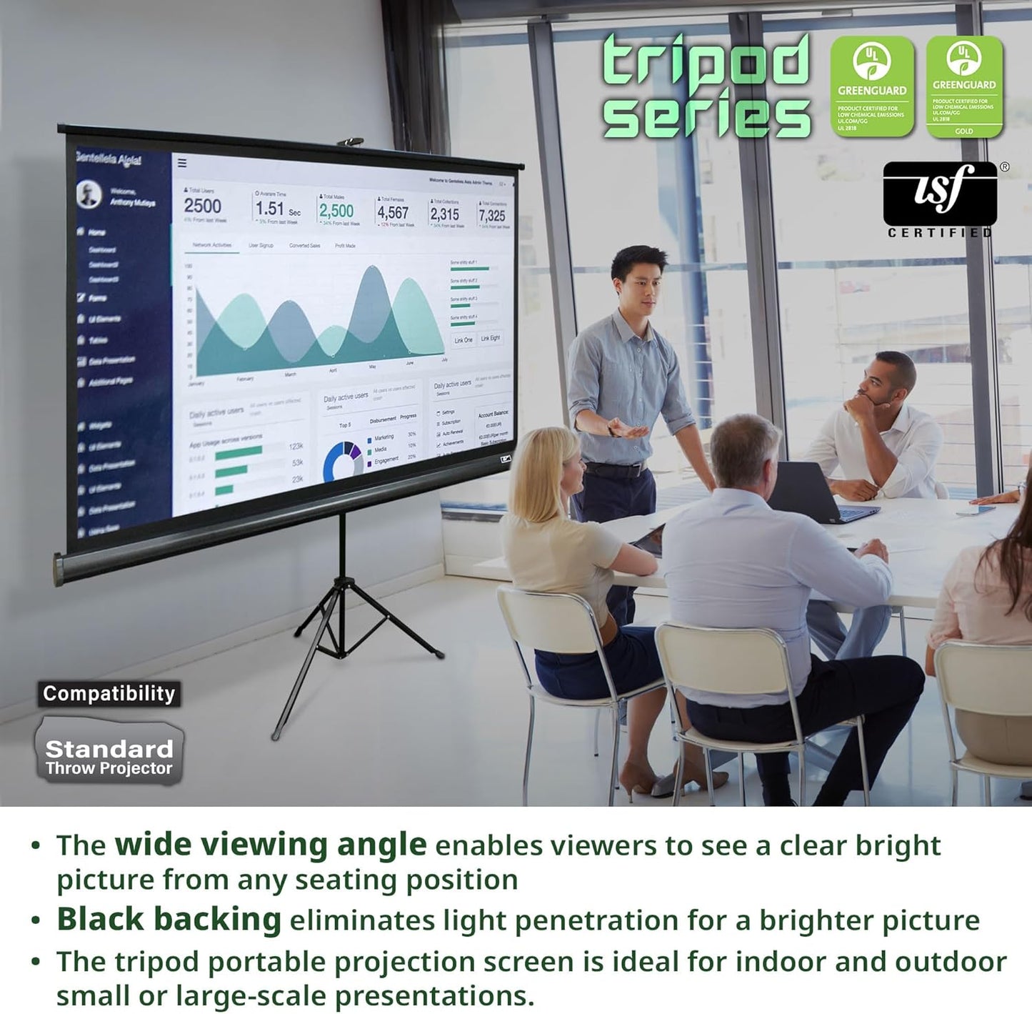Elite Screens Tripod, 60-Inch 16:9 Portable Projector Screen with Stand– MaxWhite 2, 1.1 Gain, Adjustable Indoor Outdoor Pull Up Projection Screen for Home Theater, Office & Classroom, T60UWH, Black