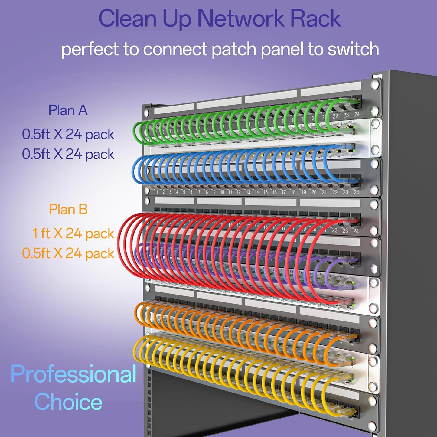Cat6a Patch Cables 3ft (24 Pack) Slim, Cat6 Ethernet Patch Cable Pure Copper, Flexible Cat 6 Patch Cable 550MHZ 10G, Space-Saving Cat 6A Network Cables for Patch Panel, Purple