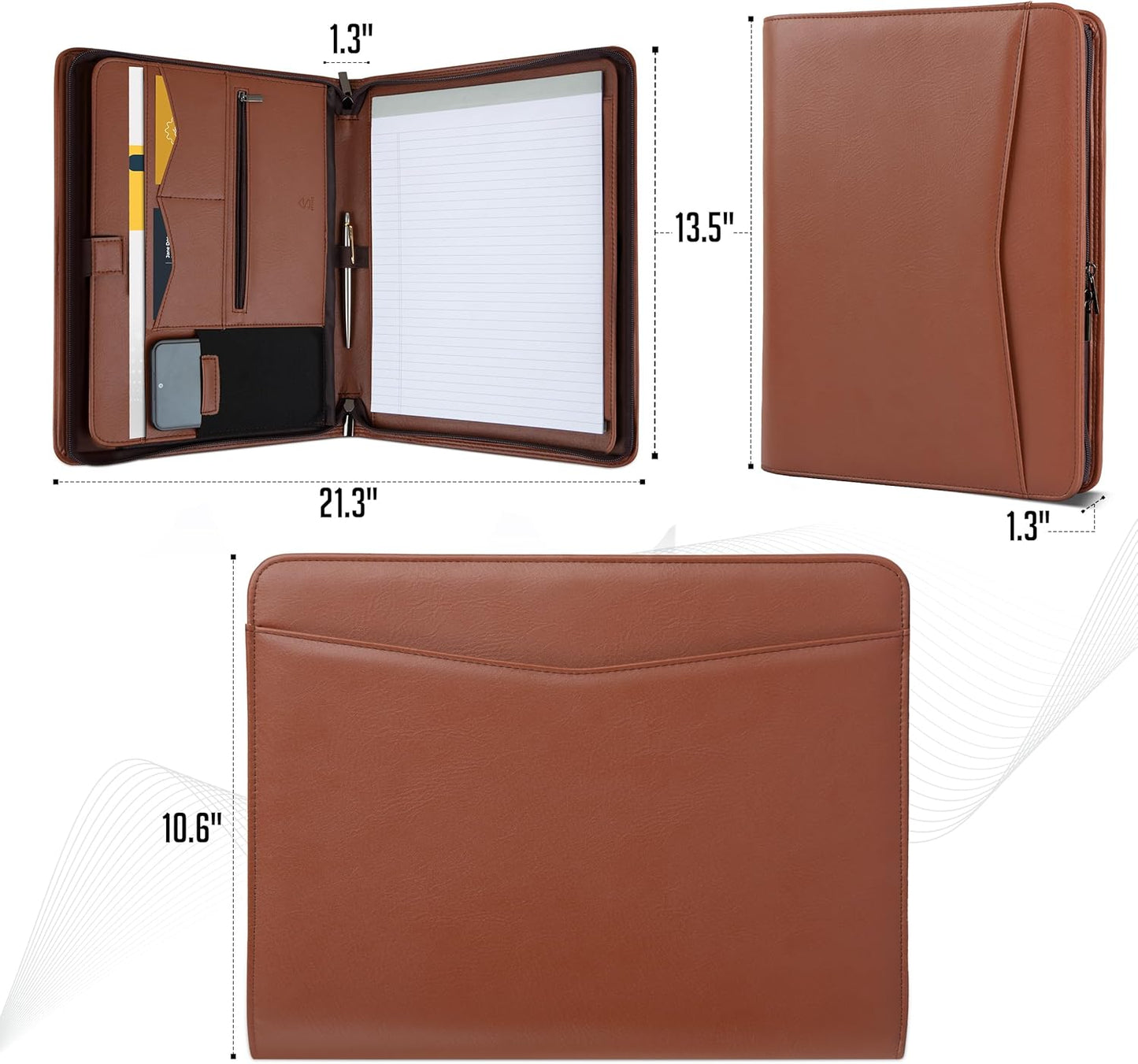 STYLIO Zipper Padfolio Portfolio Binder Organizer (Tan Color) | Faux Leather Portfolio for Resume, Documents, Phone, Tablet, Business Supplies and Cards | Letter Sized Notepad Included | Brown