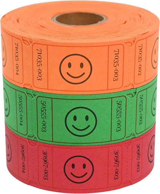 L LIKED 1500 Raffle Ticket Rolls, 3 Assorted Colors, 1x2 Inch Smile Ticket for Events, Entry, Class Reward, Parties, Giveaways&Prizes (Red, Orange, Green)