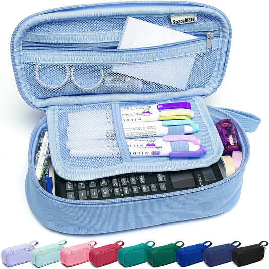 Pencil Case Pouch Box Bag School Supplies Girls Boys Kids, Cute Preppy Stuff Large Big Capacity Aesthetic Pen Organizer, Back to College Stationary, Sky Blue, Heavy Duty Canvas, 1800ml