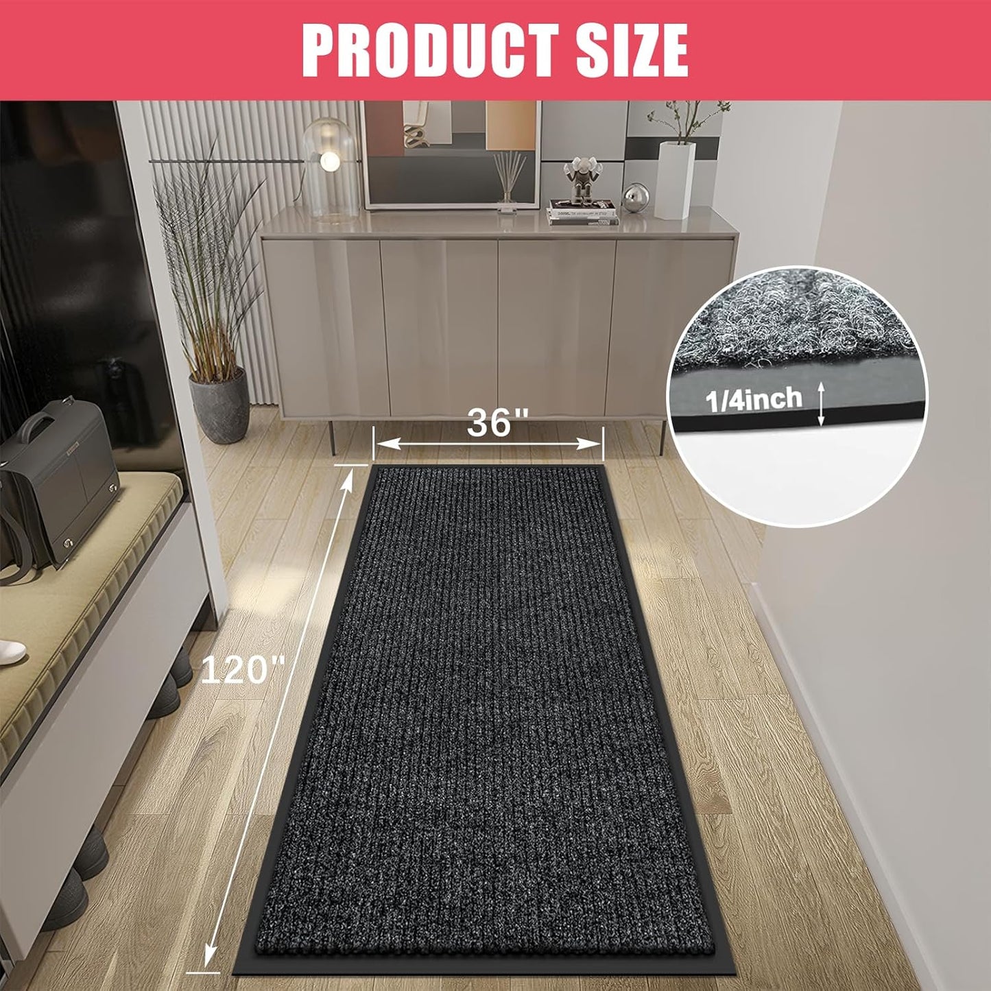 Kuyal Front Door Mat, 3'x10' Indoor Outdoor Entrance Mat, Commercial Floor Mats Inside Outside Entrance, Heavy Duty Durable Welcome, Rubber Backing Non Slip Outdoor Mats for Entryway,Black