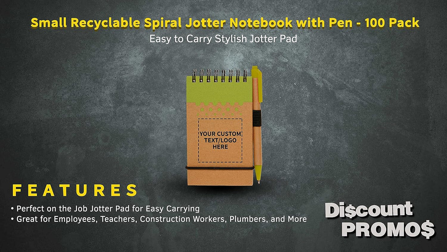 DISCOUNT PROMOS 100 Recyclable Spiral Small Notebooks Pack - Customizable Text, Logo - 60 Lined Pages - Lime Green