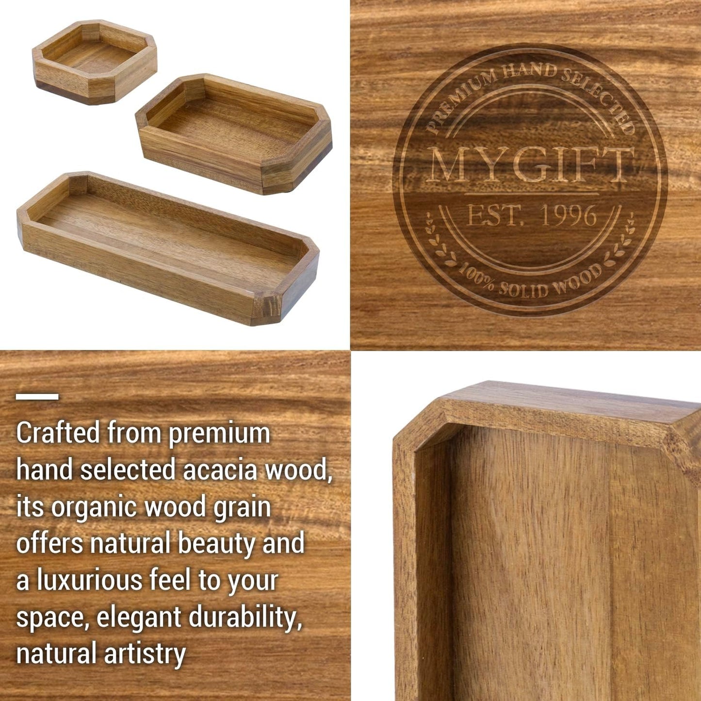 MyGift Premium Solid Acacia Wood Octagonal Desk Organizer Trays Office Stationery Holders, 3 pc Set