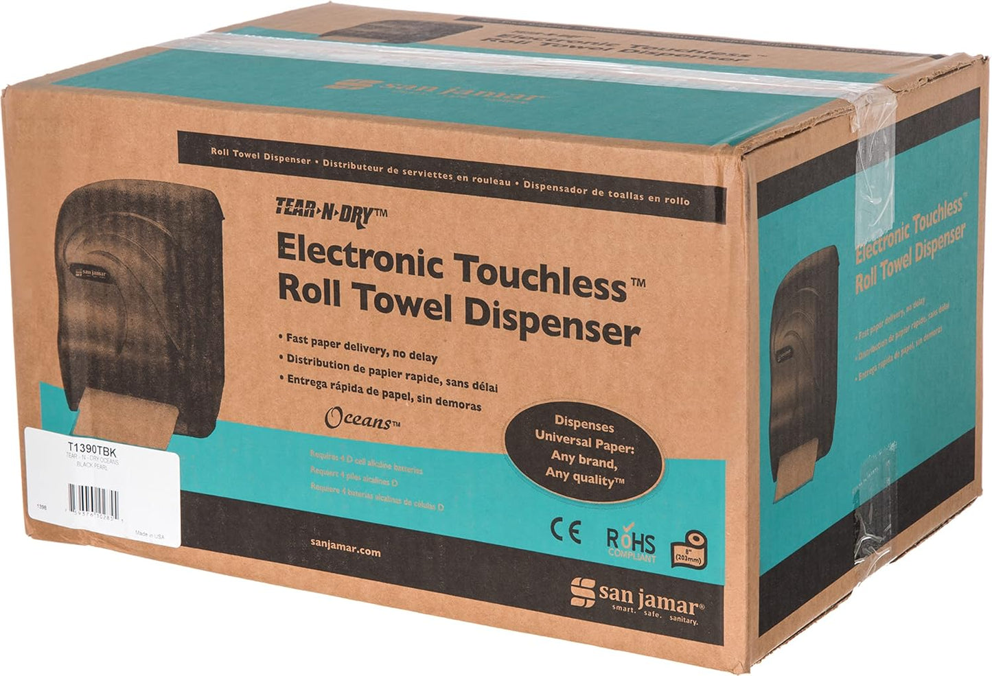 San Jamar Tear-N-Dry Oceans Paper Towel Dispenser 1.5 Inch Core Rolls with Touchless Dispensing for Bathroom, Kitchens, Restaurants, and Cafeterias, Plastic, Black Pearl