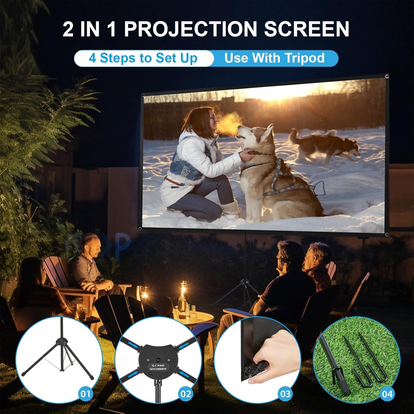 Projector Screen and Stand, Portable Projector Screen, 120 Inch 16:9, Outdoor Projection Screen, 1.2 Gain, 160 Degree View Angle, 2 Mounting Modes, Fast Setup, Idea for Home Cinema, Backyard Party.