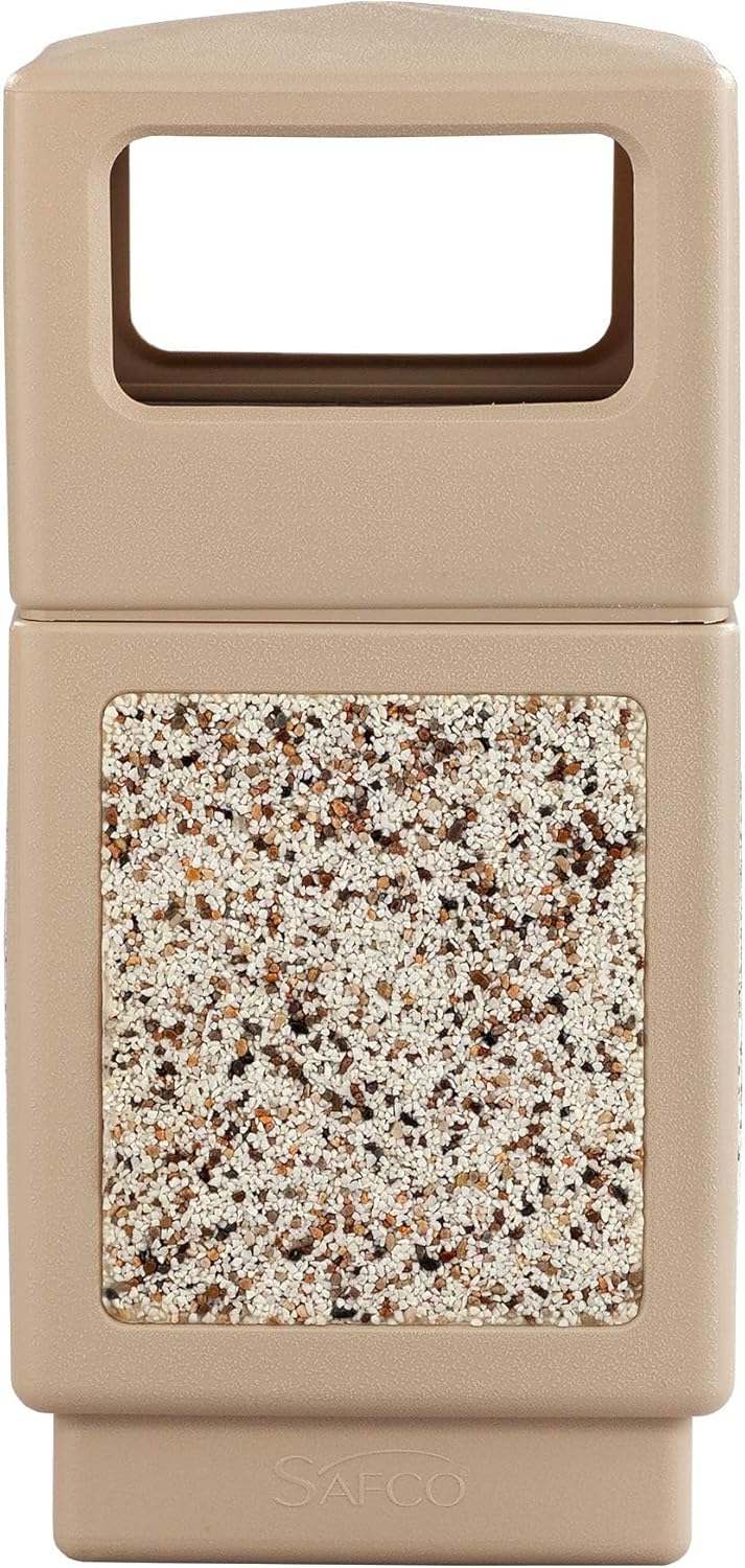 Safco Canmeleon Trash Can, 38 Gallons, Indoor and Outdoor Use, Durable & Weather-Resistant Commercial Garbage Can with Stone Panels, Tan