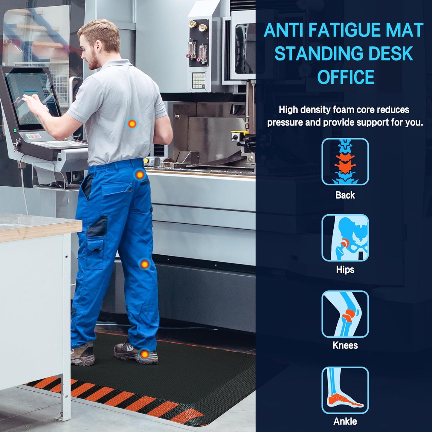FEATOL Anti Fatigue Mats Industrial, Ergonomic Standing Floor Mat for Work for Stand, Black with Orange Border Safety 24" x 70"-Support for Leg & Back Pain