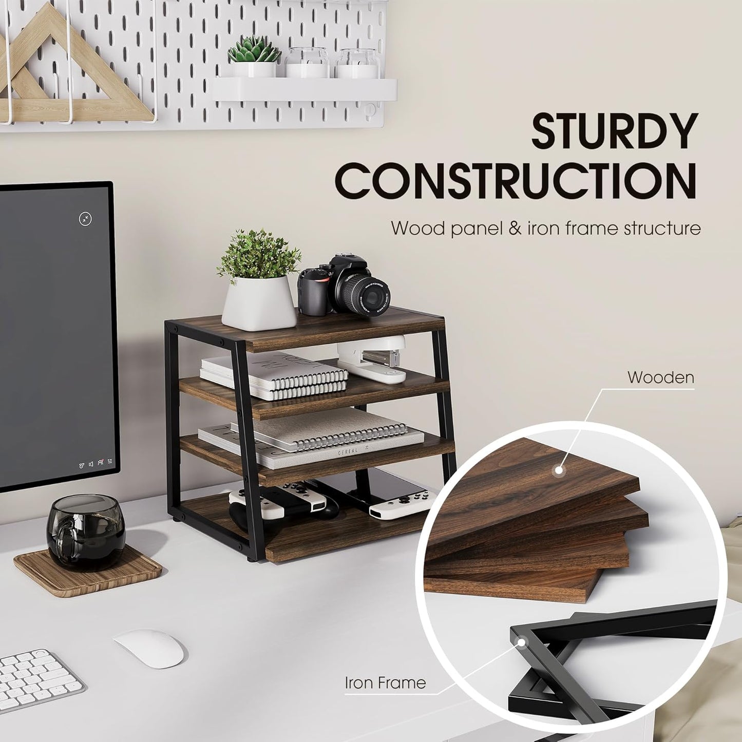 Fenge Desk Shelf Organizer, 4 Tier Desktop Shelf, Wood and Metal Office Shelves, Corner File Organizer for Office Supplies, Top of Desk Organizers and Accessories