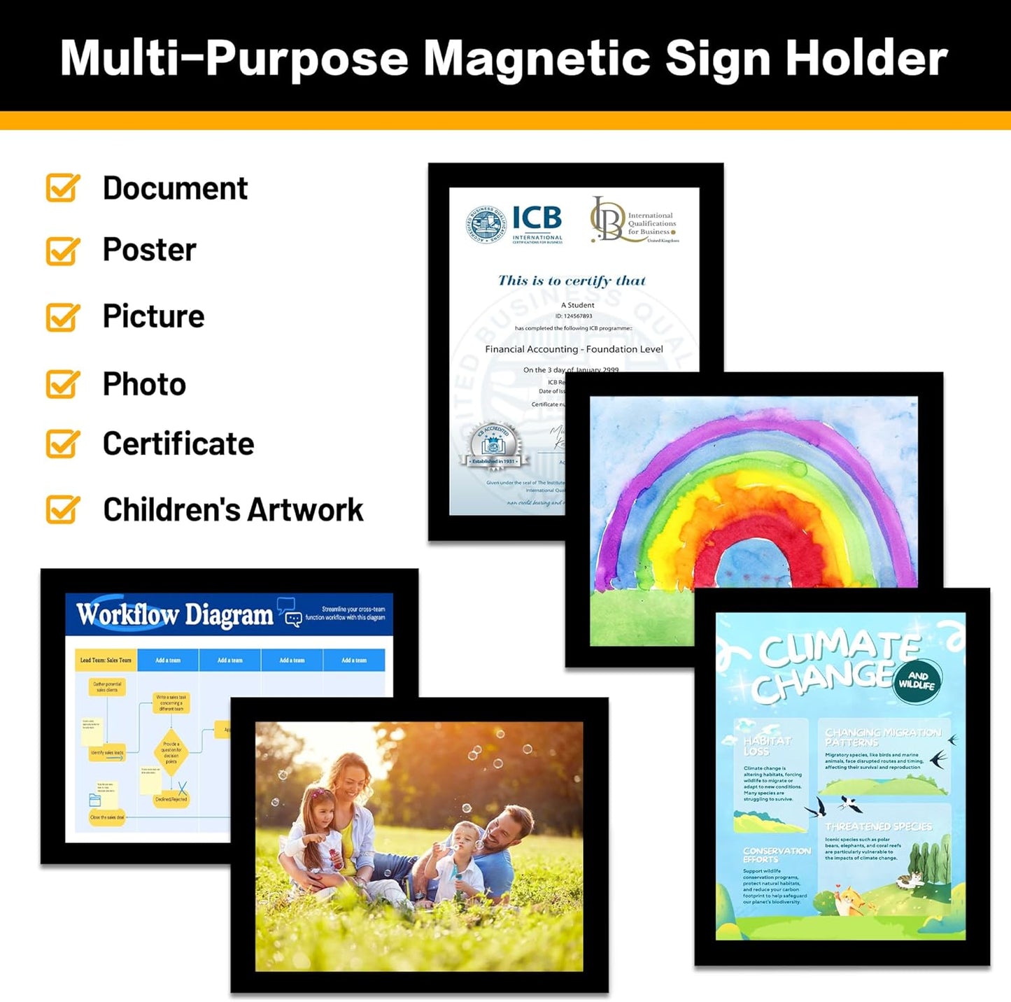5Pack Magnetic Frames for Refrigerator - 8.5 x 11 Magnetic Sign Holder, Magnetic Paper Holder Document Holder for Fridge, Metal, Whiteboard Surface - Magnetic Picture Frame Poster Frame