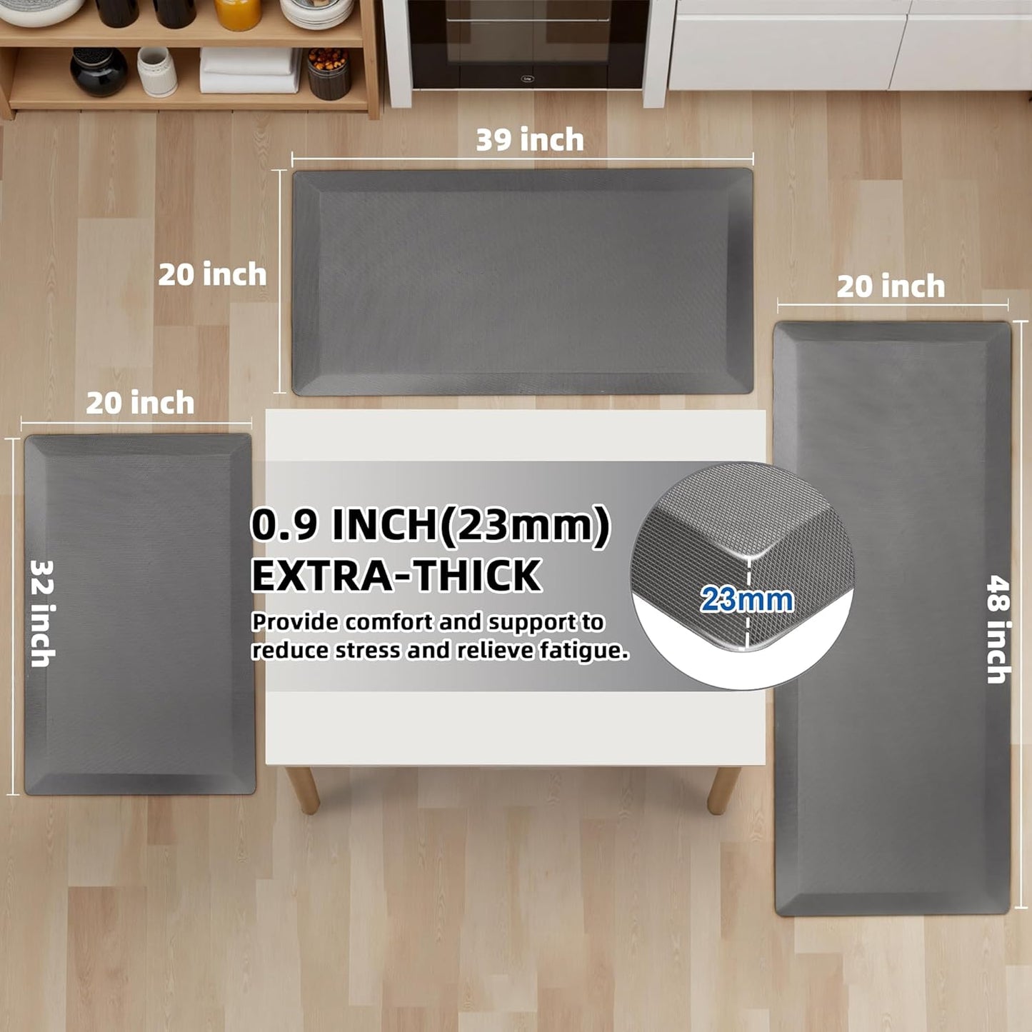 2 PCS Anti Fatigue Kitchen Mats for Floor, Grey 9/10 Extra Thick Cushioned Standing Desk Mat, Comfort Memory Foam Ergonomic Rugs and Mats Non-Slip Waterproof for Office, Kitchen, 20"x32"+20"x48"