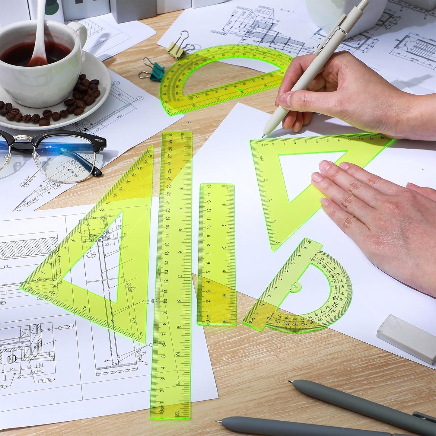 Tenare 6 Pcs Plastic Ruler Math Set Includes 12 Inch 6 Inch Straight Protractor Triangle Geometry Transparent Math Ruler Measuring Tools for School Office Home(Yellow)