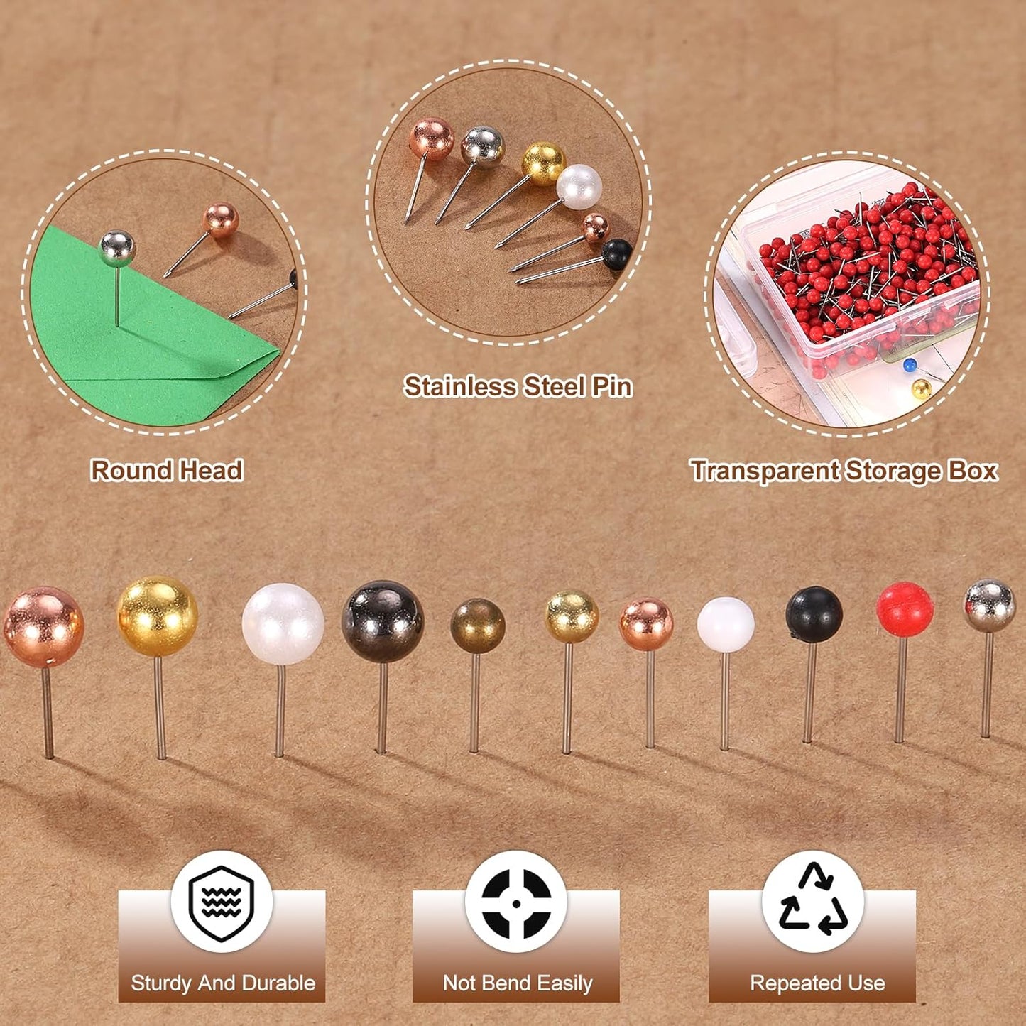 uxcell 800 Pcs Push Pins, Map Thumb Tacks 4mm Round Head Decorative Push Pins for Bulletin Board Home Office Travel Wall DIY Crafts Map Photo, Bronze