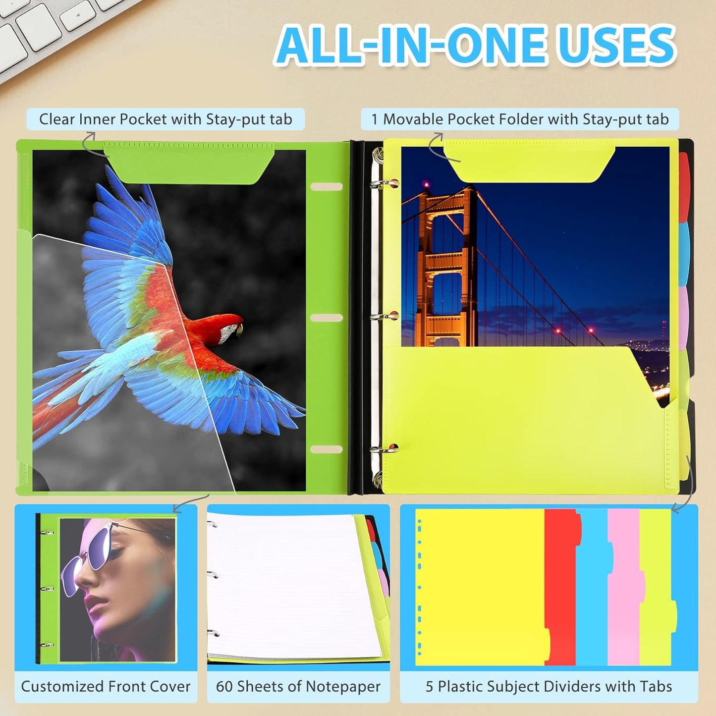 WOT I 2-Pack Telescoping 3 Ring Binder Notebooks - Customizable Cover, 5 Dividers & Pocket Folder in One Slim Organizer (60 Sheets Included), Green