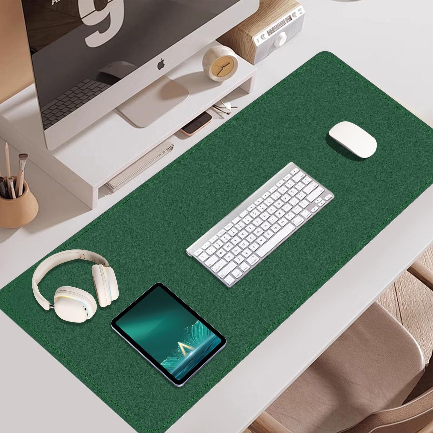 Large Desk Pad 35.4" x 17", Non-Slip Desk Mat with PU Leather & Natural Cork, Waterproof Writing Desk Natural Cork, Computer Mat Desk Protector for Office Home, Dark Green