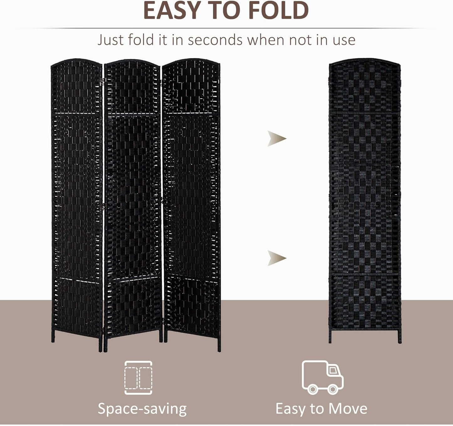 HOMCOM Room Divider, 3 Panel Folding Privacy Screen, 6FT Tall Portable Wicker Weave Partition Wall Divider for Bedroom, Home Office, Black