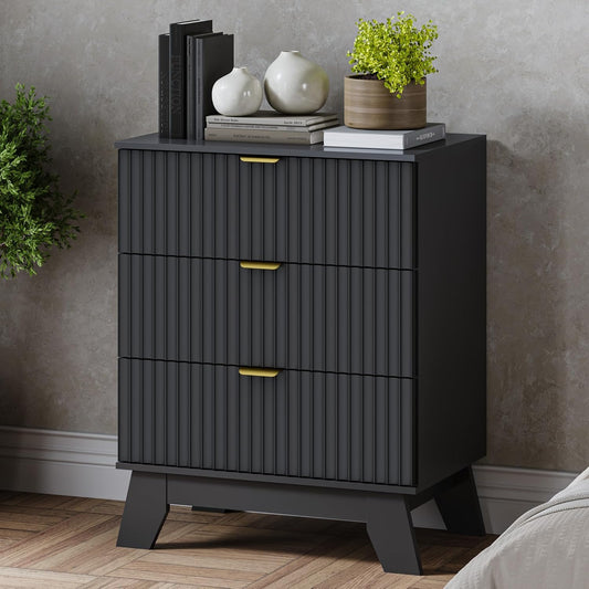 Fluted 3 Drawer Dresser, 30.3" Tall Compact Modern Boho Chest of Drawers, Wooden Storage Cabinet for Bedroom, Living Room, Entryway, Curved Profile Design