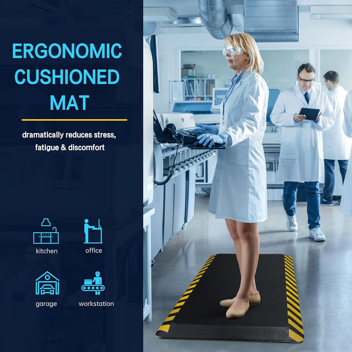 FEATOL Anti Fatigue Mats Industrial 8 Packs, Ergonomic Standing Floor Mat for Work for Stand, Black with Yellow Border Safety 20" x 39"-Support for Leg & Back Pain