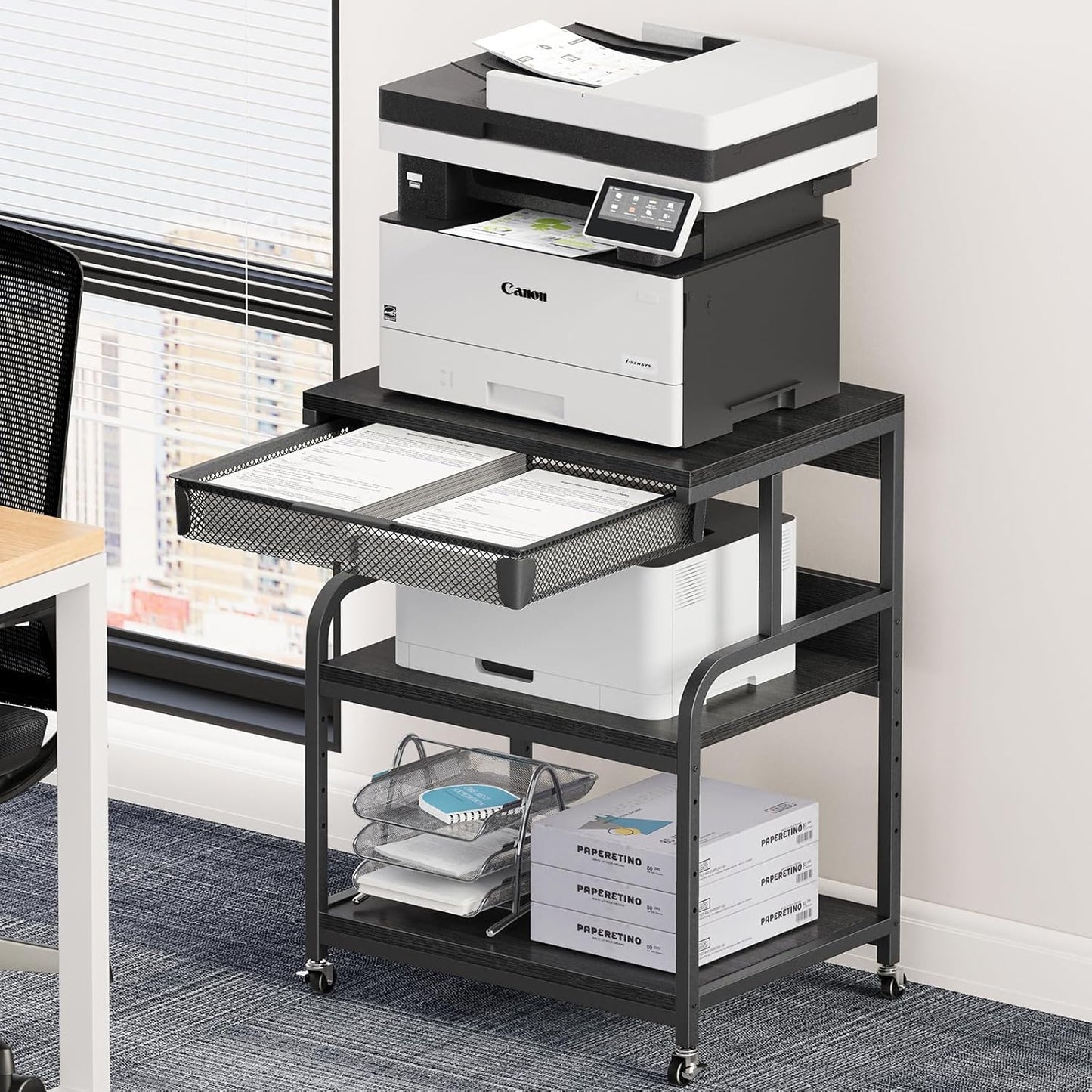 EasyCom 23.6''x18.9'' Extra Large Printer Stand with Drawer, 5-Adjustable Heights 3 Tier Table with Wheels, Rolling Printer Cart with Storage for Printer Scanner Fax Home Office Use