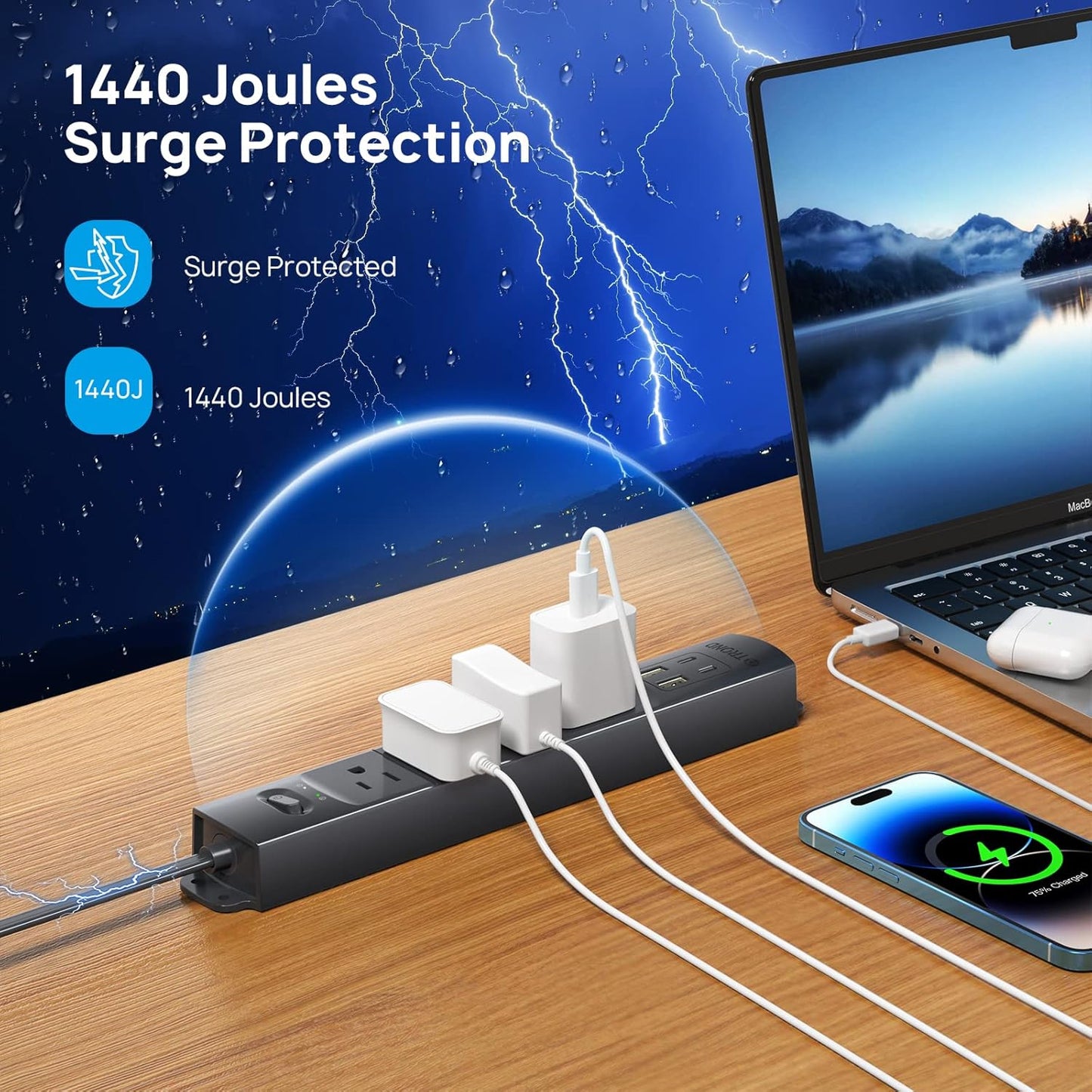 TROND Flat Plug Power Strip USB-10ft Flat Extension Cord Surge Protector Wall Mount, 2 USB C & 2 USB A Ports with Multiple Outlets, 1440J, 1625W for Office Supplies Dorm Room Essentials, Black