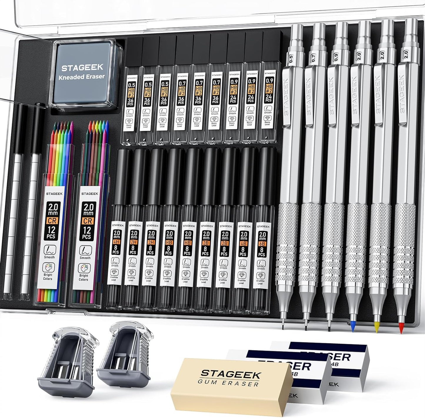 35Pcs Art Mechanical Pencil Set with Case, 0.5 0.7 0.9 2.0 Graphite Metal Drawing Drafting Pencils, Sharpener Erasers 384PCS Lead Refills (6B 4B 2B HB 2H 4H Colors)Pencils for Writing Sketching,Silver