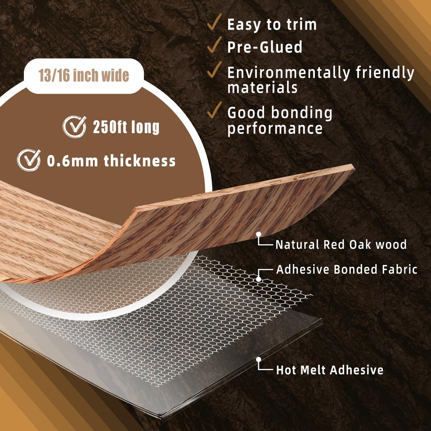 GSCIT Club Red Oak Edge Banding, 13/16 inch x 250ft roll of Veneer Plywood Edge Banding Preglued Flexible, Wood Tape Banding for Cabinet Repair