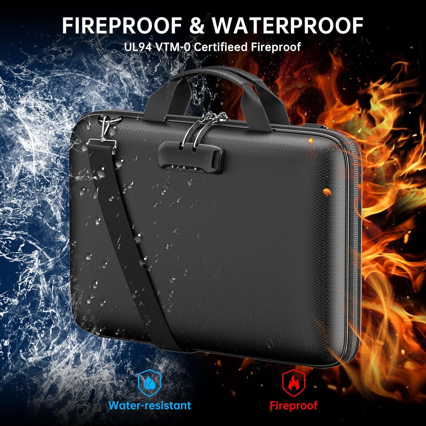 Fireproof Document Organizer with Lock,Hard-Shell Case Fireproof Document Box with Shoulder Strap,Portable File Organizer with 13 Pocket Accordion File Folder for Files Laptop Black