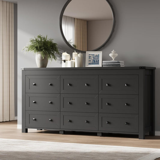 9-Drawer Dresser, Modern Wooden Storage Chest of Drawers, Dresser TV Stand, Wood Drawer Organizer with Metal Handles for Bedroom, Living Room, Hallway