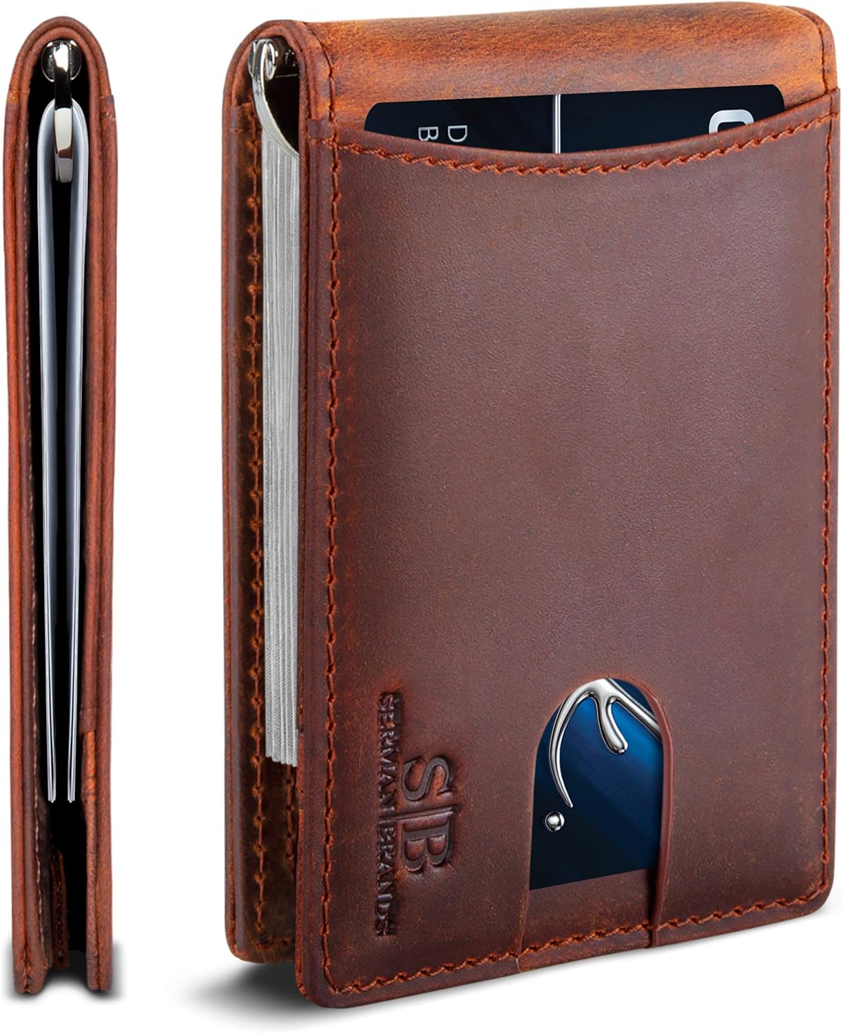 SERMAN BRANDS RFID Blocking Slim Bifold Genuine Leather Minimalist Front Pocket Wallets for Men with Money Clip Thin Gift