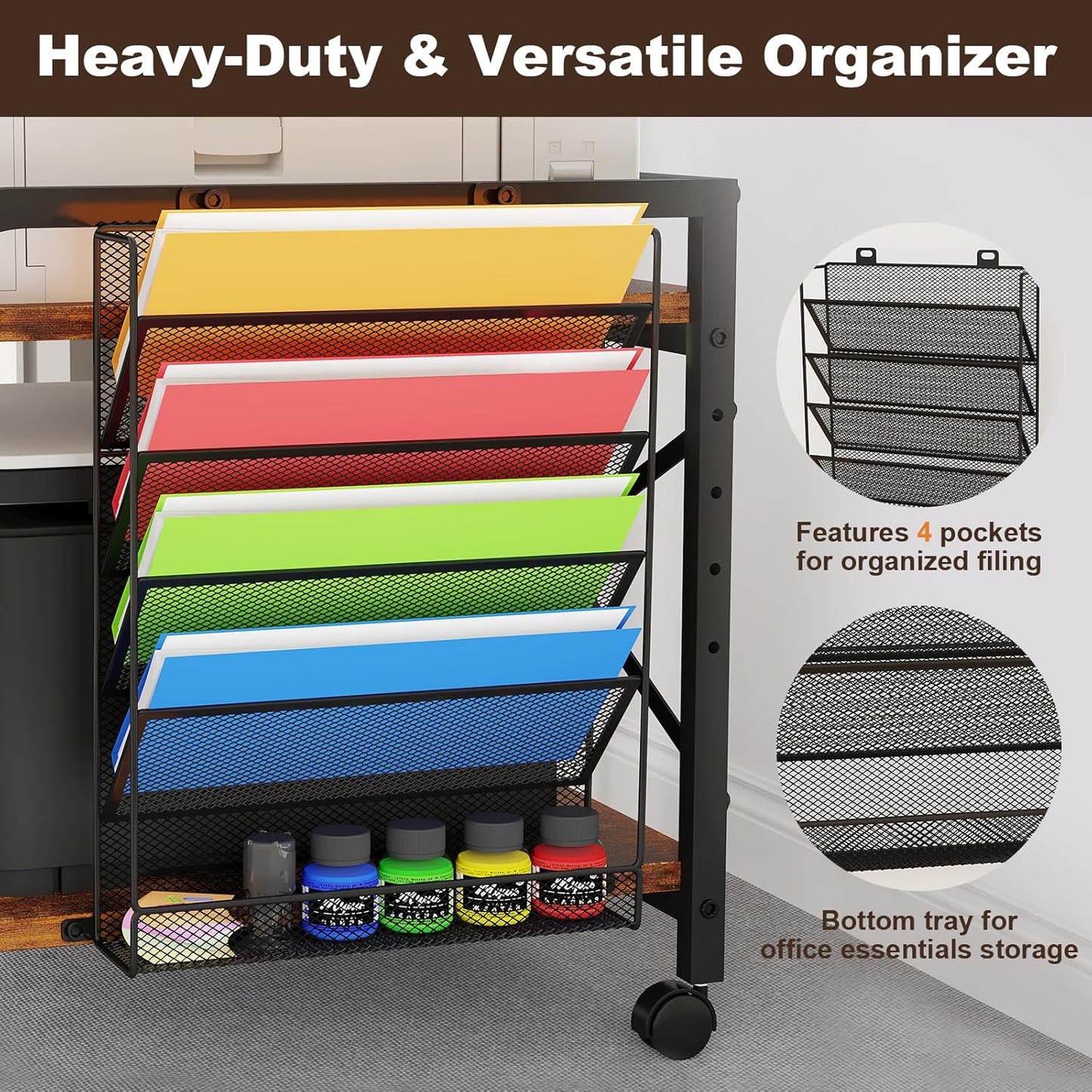 EasyCom 24"x20" Large Printer Stand with Hanging File Holder Organizer, Adjustable Height Shelf with Wheels, Under Desk Table with Storage for Printer Scanner Fax Home Office Use Rustic Brown