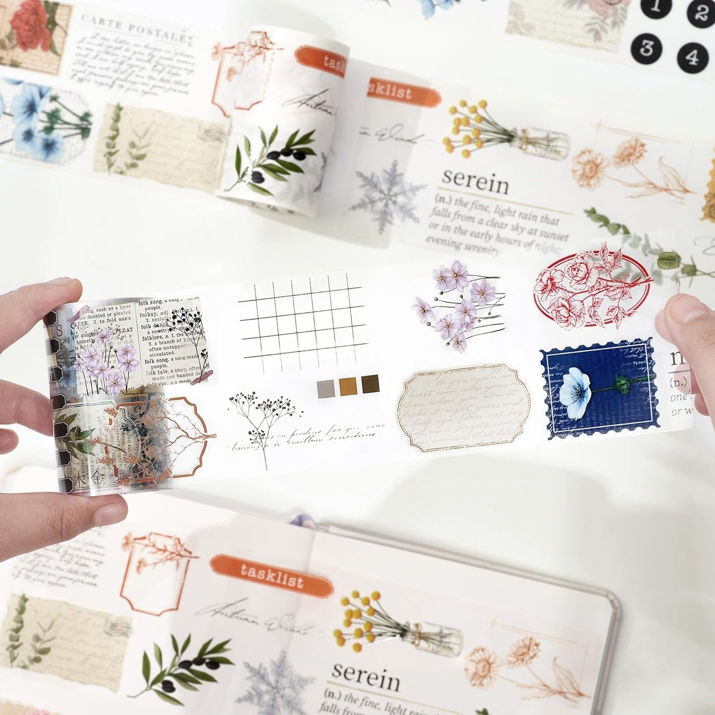 WT Season's Symphony Wide Clear PET Tape, Single Roll, Original Design, Vintage Watercolor Floral, Transparent Adhesive Tape for Journaling, Junk Journals, Bujo, Scrapbooks, Planners, DIY Crafts