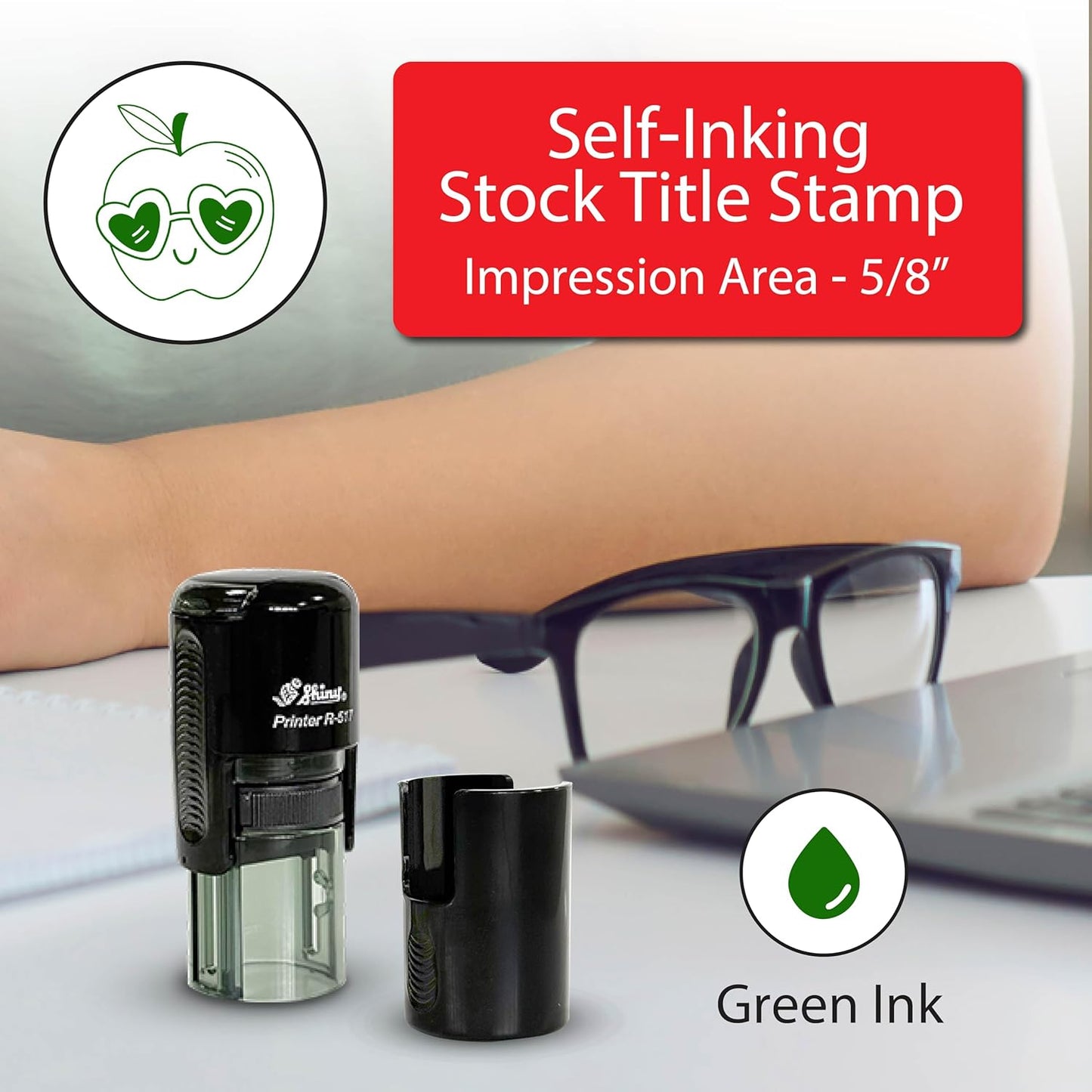 Shiny Cool Apple Teacher Stamp, Round Self Inking Stamp for Classroom, Green Ink