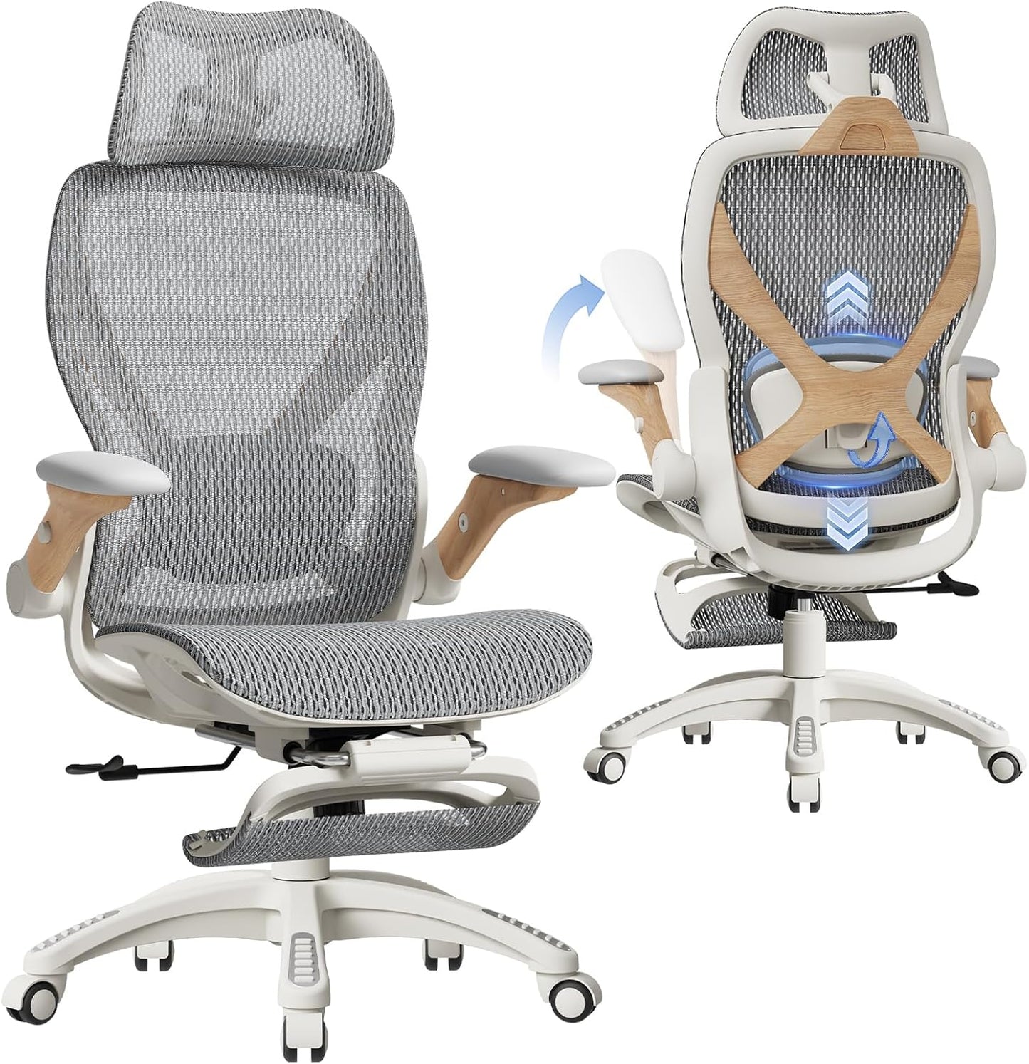 ELABEST X100 Ergonomic Office Chair with Footrest, Big and Tall Home Desk Chair with 5D Flip-Up Arms, Adjustable 7D Lumbar Support,High Back Rolling Computer Chair, Swivel Mesh Chairs (Foggy Morning)