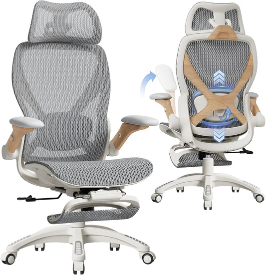 ELABEST X100 Ergonomic Office Chair with Footrest, Big and Tall Home Desk Chair with 5D Flip-Up Arms, Adjustable 7D Lumbar Support,High Back Rolling Computer Chair, Swivel Mesh Chairs (Foggy Morning)