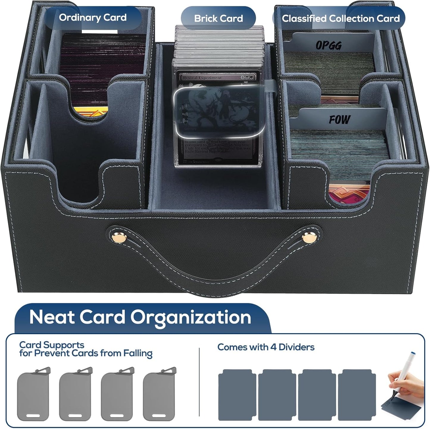 Trading Card Storage Box for MTG, card storage box with Commander Display，Multi-purpose Deck Case for MTG TCG Sports Card, 4 Toploaders, 4 Stoppers, 4 Colorful Dividers (Black & Grey)
