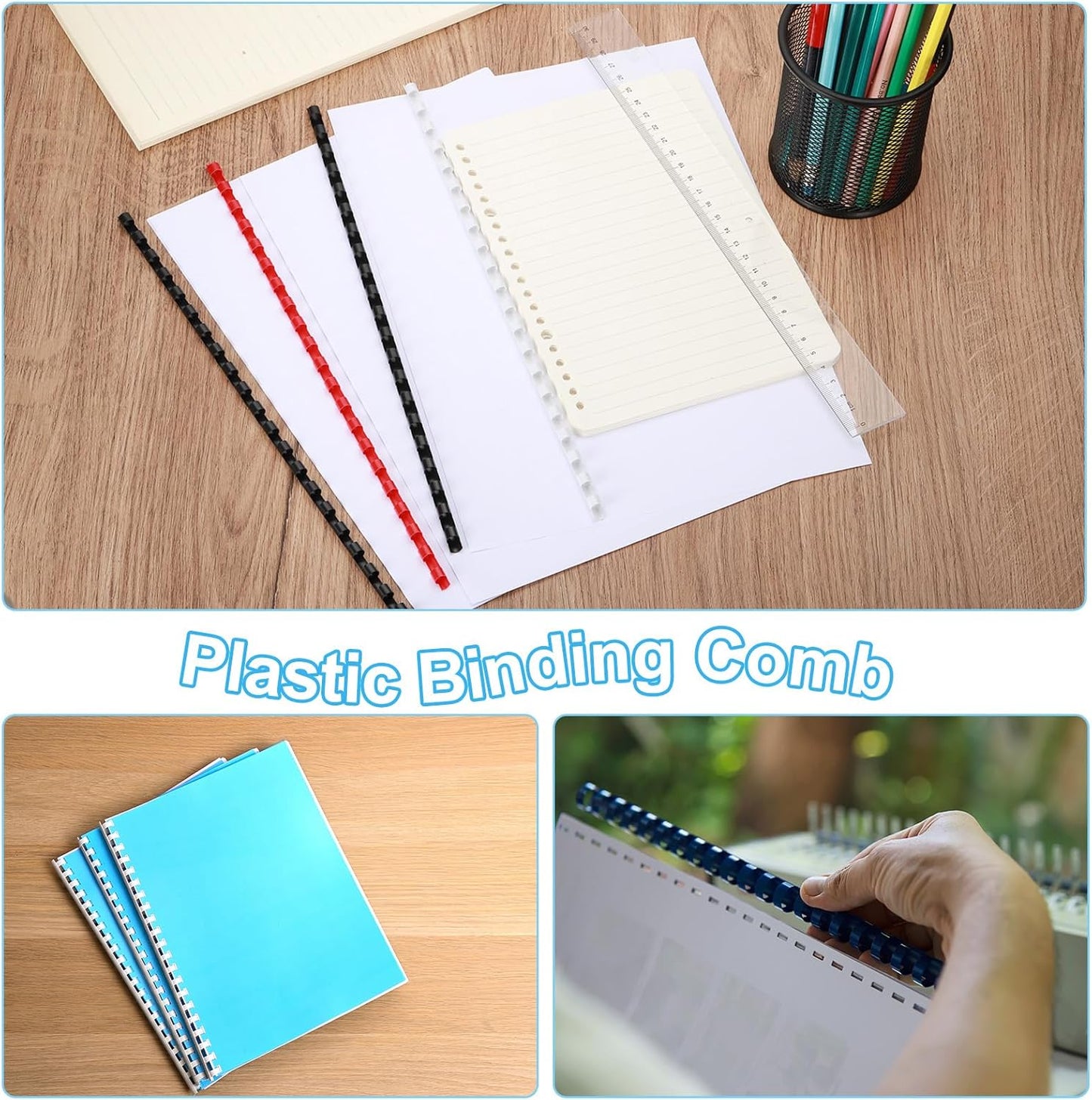 PATIKIL 6mm (1/4") Plastic Binding Combs, 200 Pcs 21 Rings Comb Binding Spines 20 Sheet Capacity Letter Size for Binding Paper Sheets Notebook Calendar Picture Album, Black