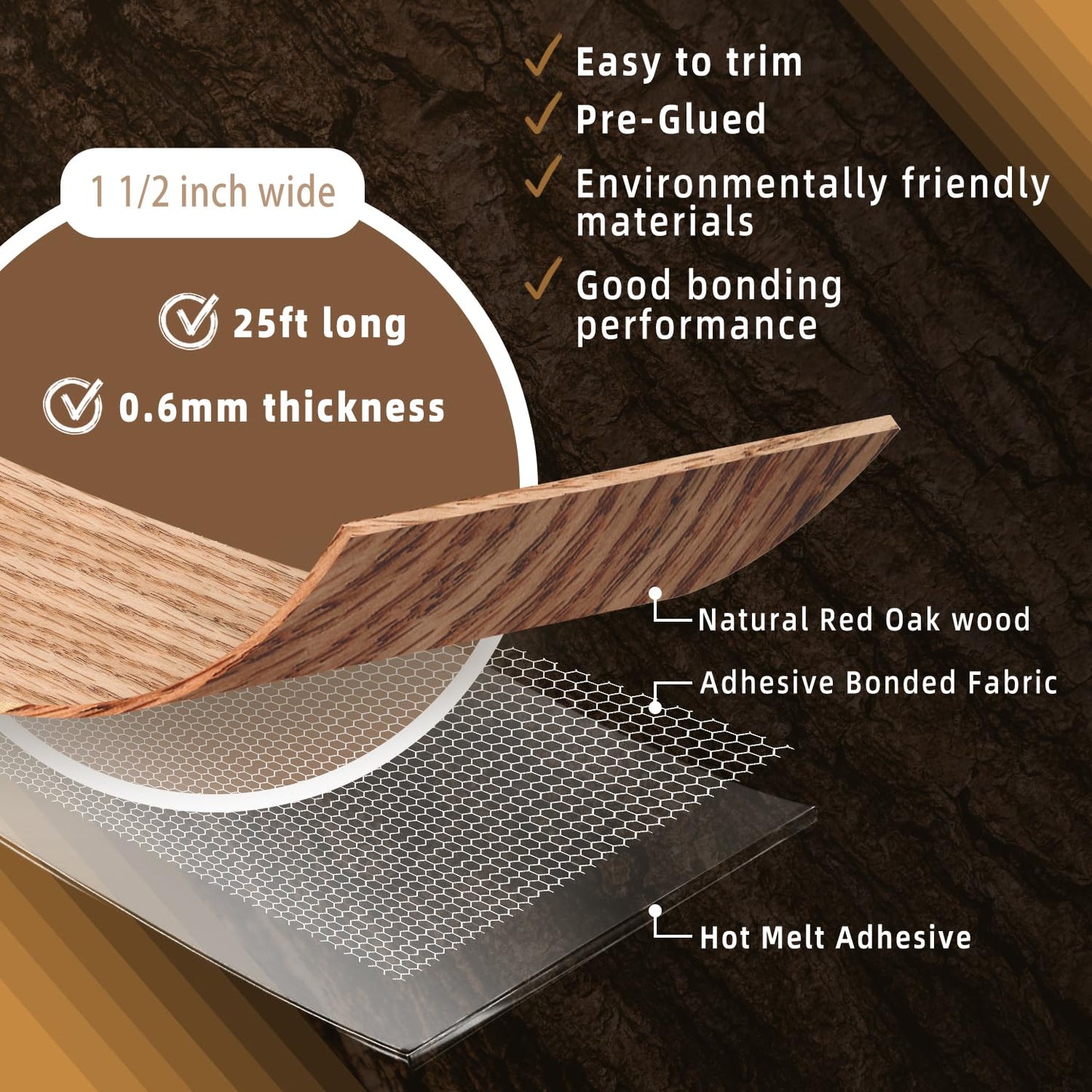 GSCIT Club Red Oak Veneer Edge Banding, 1 1/2 inch x 25ft Roll, Preglued Flexible, Real Wood Tape Banding
