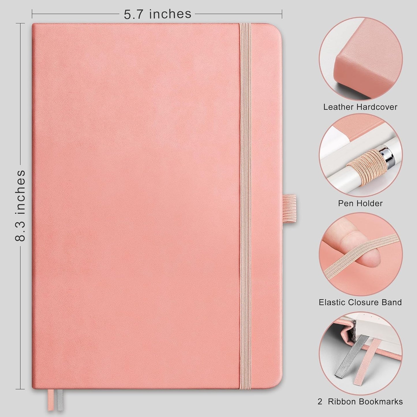 RETTACY Lined Journal Notebook, 2-Pack, 192 Numbered Pages per Pack, A5 Medium Size (5.7'' x 8.3''), for Men & Women, Writing, Work, Leather Hardcover, 100 GSM Thick Paper (Black & Pink)