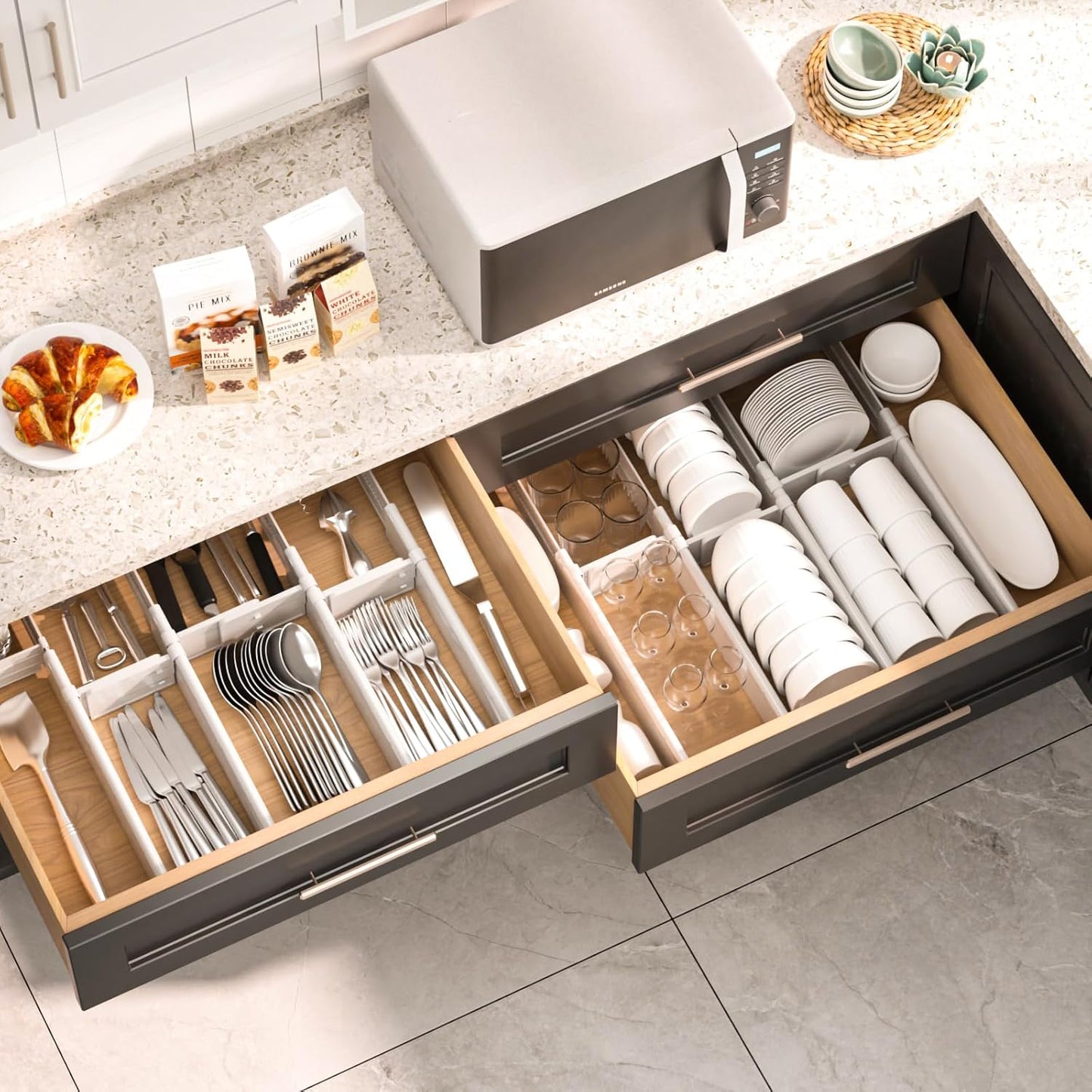 HiYZ Expandable Drawer Dividers - 12.6-22.8'' Adjustable Drawers Organizers for Kitchen Utensils, Drawer Separators in Bedroom, Dresser, Office, Bathroom, Fridge, 8 Pack Long Dividers-Gray